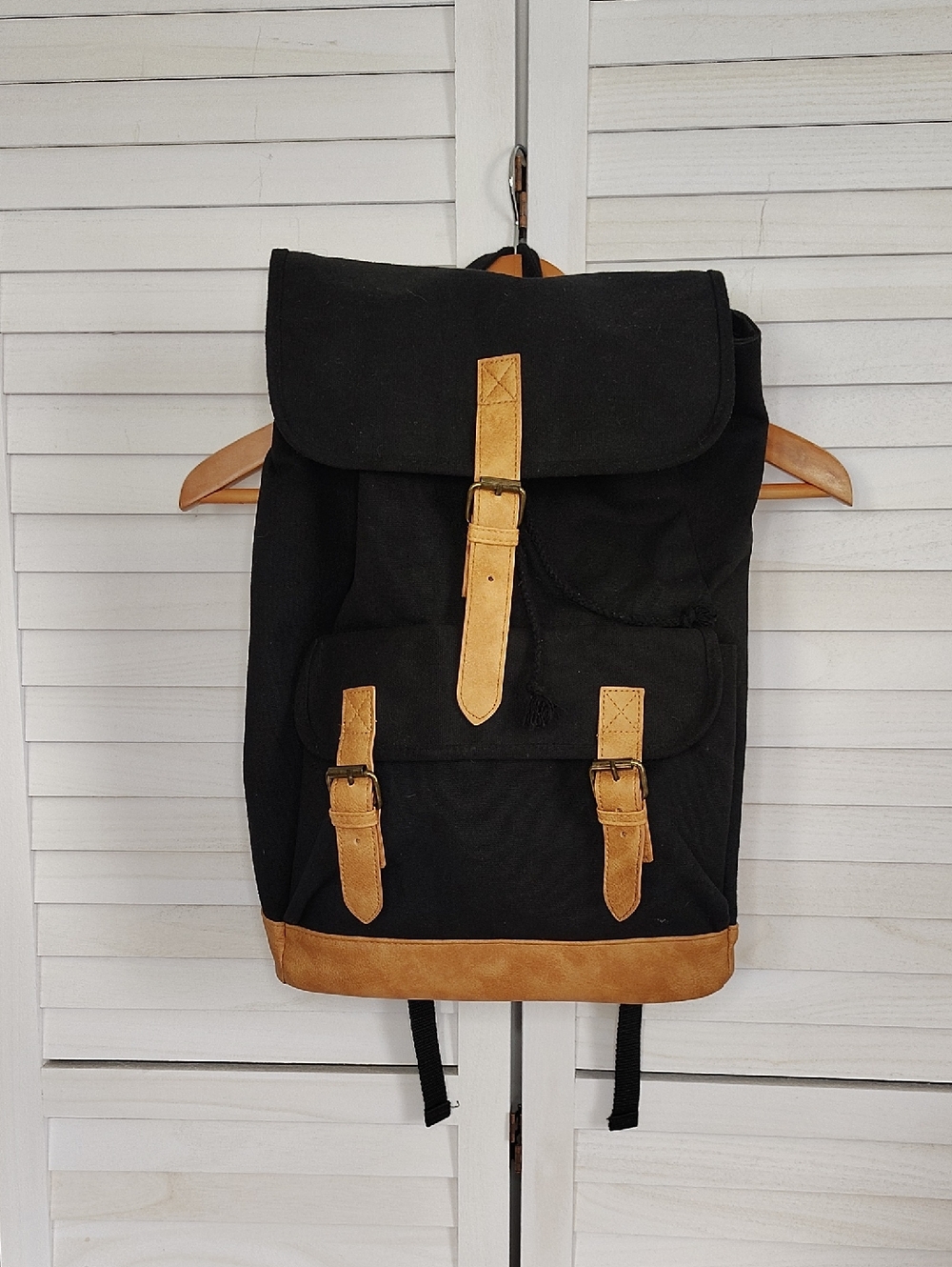 DSW Black Canvas Backpack with Tan Vegan Leather Accents